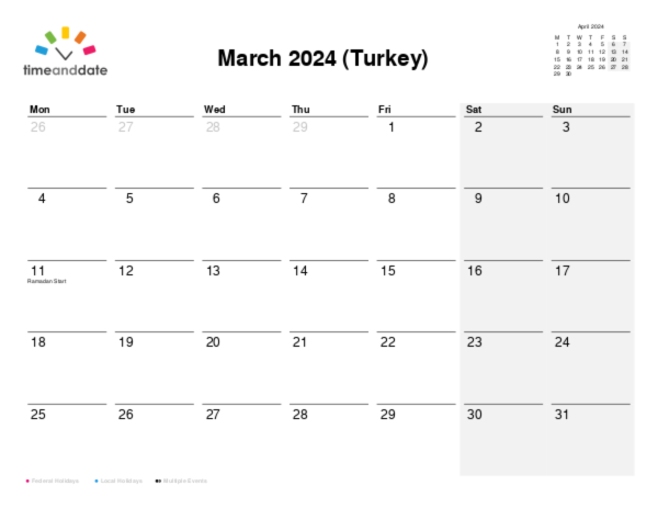 Calendar for 2024 in Turkey