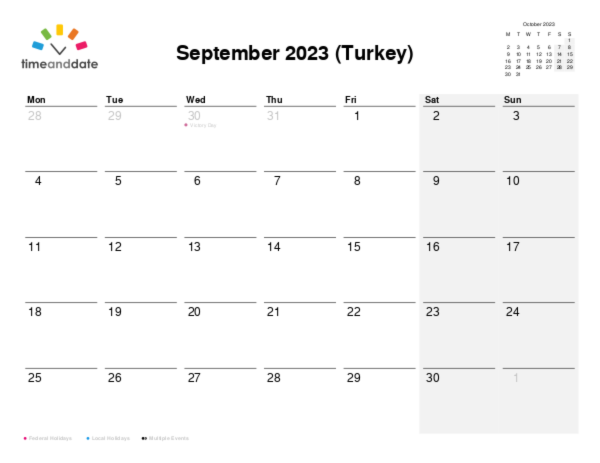 Calendar for 2023 in Turkey