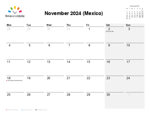 Calendar for 2024 in Mexico