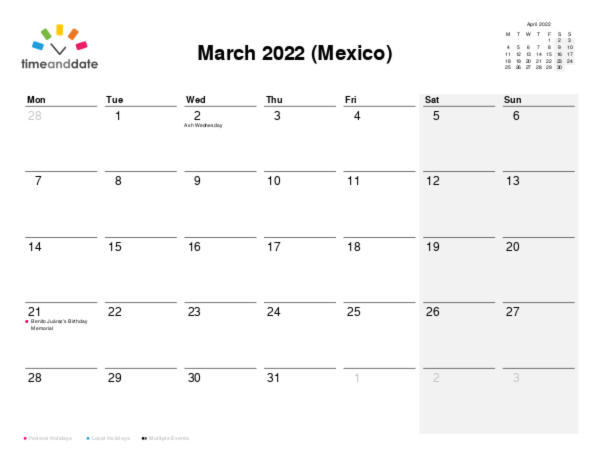 Calendar for 2022 in Mexico