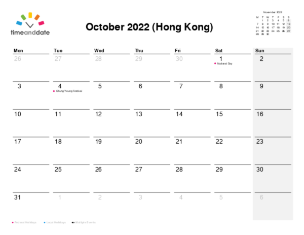 Calendar for 2022 in Hong Kong
