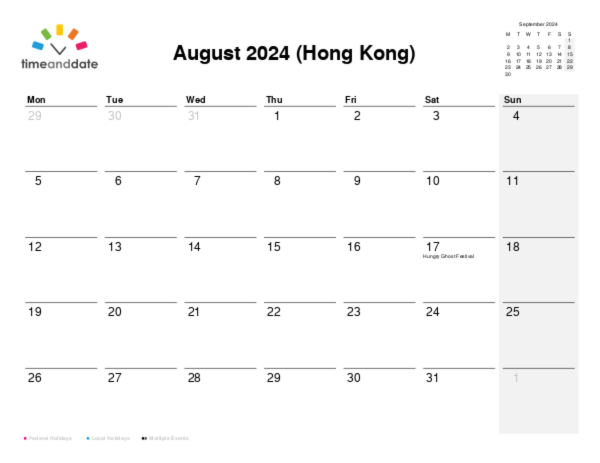 Calendar for 2024 in Hong Kong