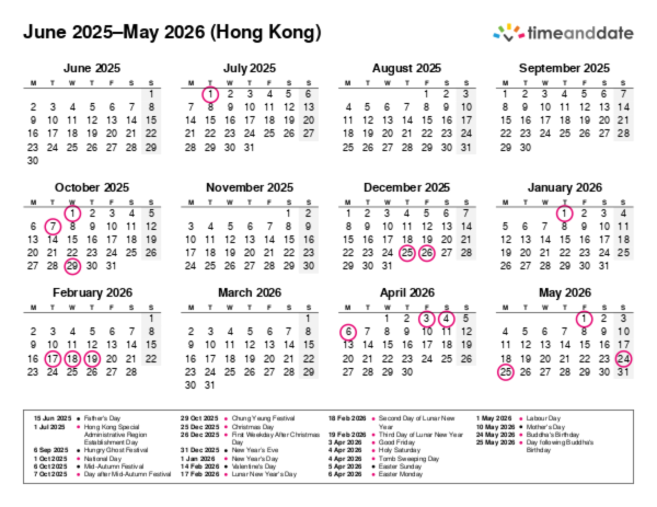Calendar for 2025 in Hong Kong