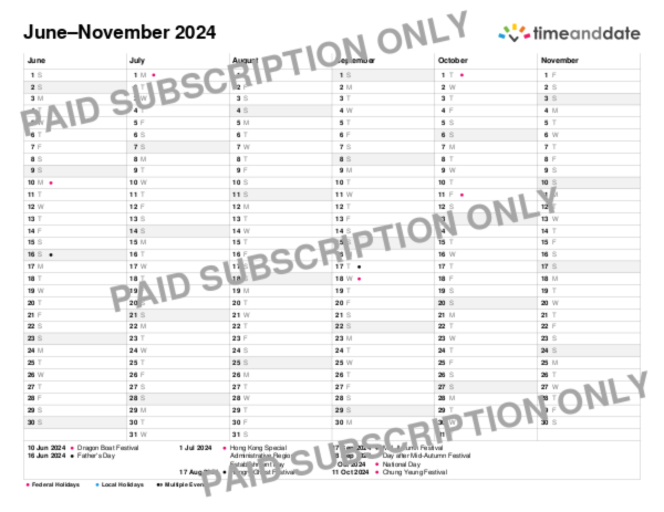 2024 calendar for Hong Kong with several months on one page
