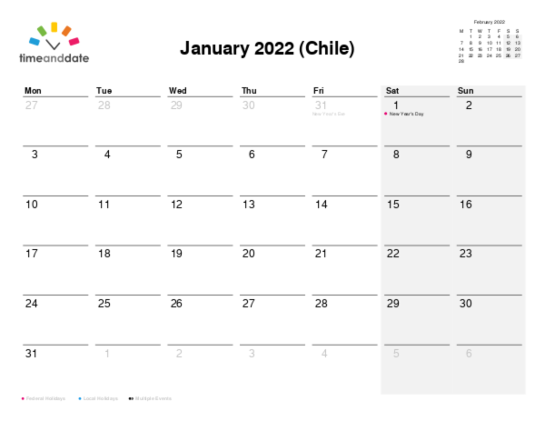 Calendar for 2022 in Chile