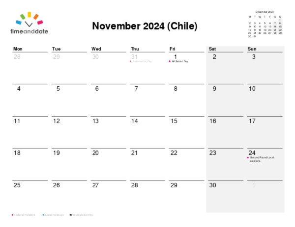 Calendar for 2024 in Chile