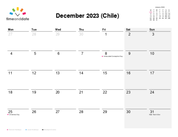 Calendar for 2023 in Chile