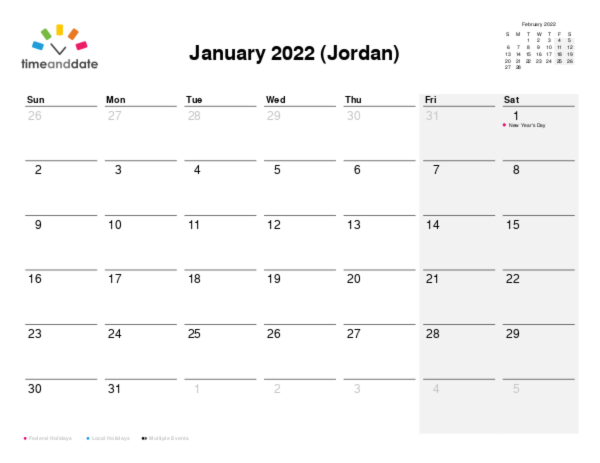 Calendar for 2022 in Jordan