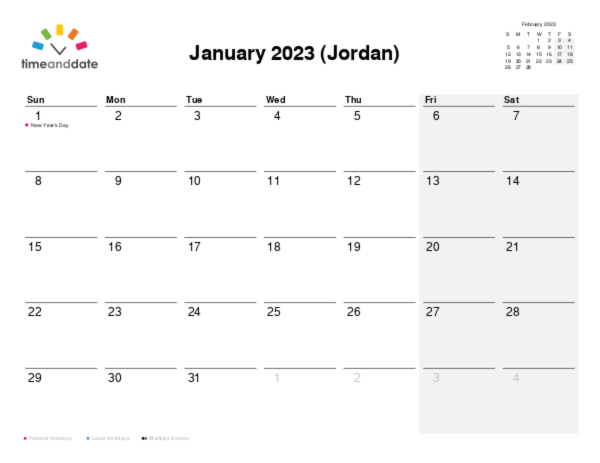 Calendar for 2023 in Jordan