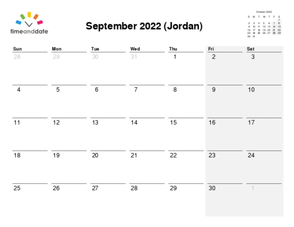 Calendar for 2022 in Jordan