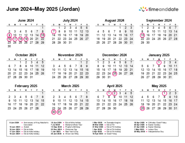 Calendar for 2024 in Jordan
