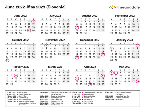 Calendar for 2022 in Slovenia