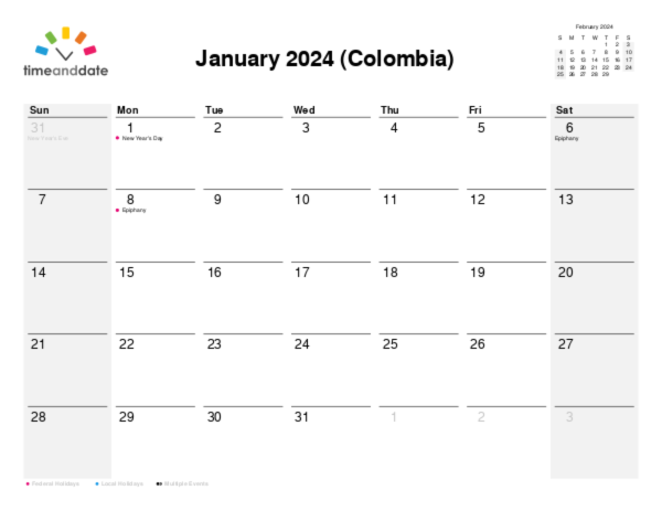 Calendar for 2024 in Colombia
