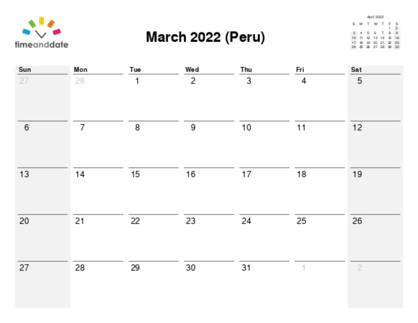 Calendar for 2022 in Peru