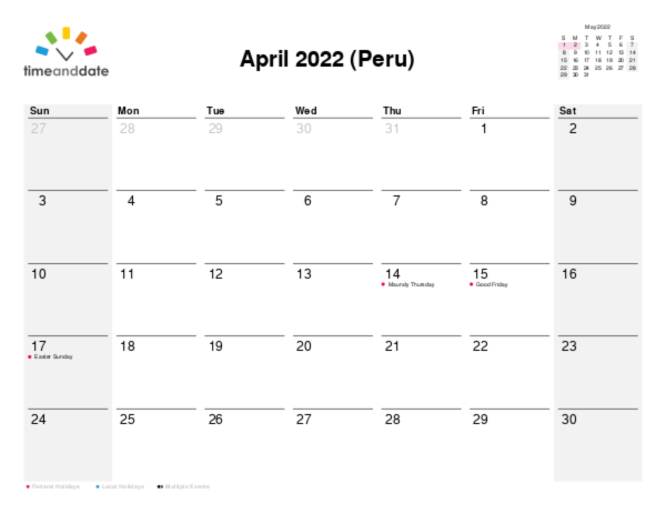 Calendar for 2022 in Peru