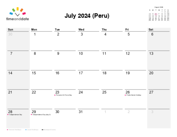 Calendar for 2024 in Peru