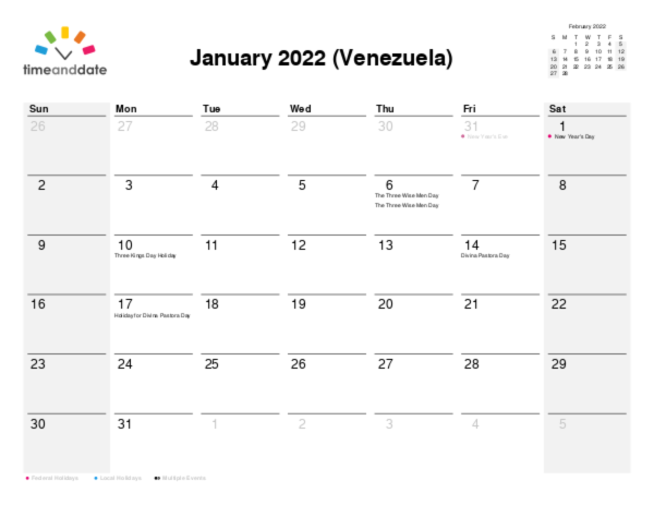 Calendar for 2022 in Venezuela