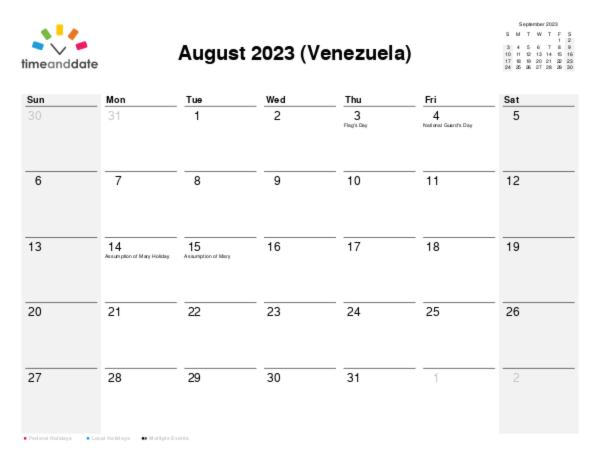 Calendar for 2023 in Venezuela