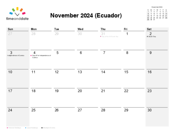 Calendar for 2024 in Ecuador