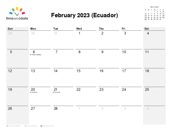 Calendar for 2023 in Ecuador