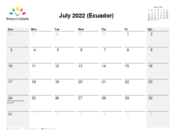Calendar for 2022 in Ecuador