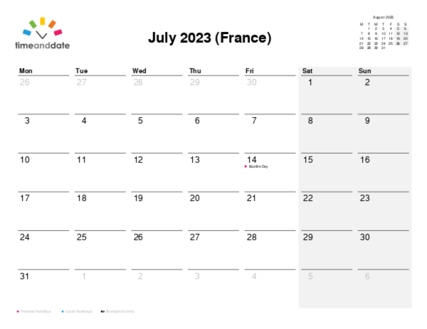 Calendar for 2023 in France