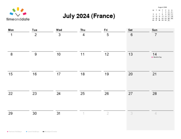 Calendar for 2024 in France