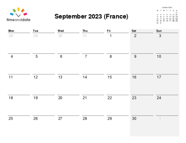 Calendar for 2023 in France