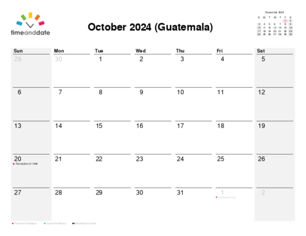 Calendar for 2024 in Guatemala