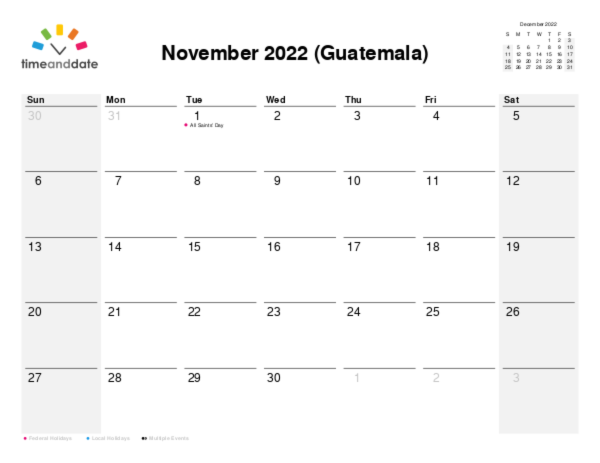 Calendar for 2022 in Guatemala