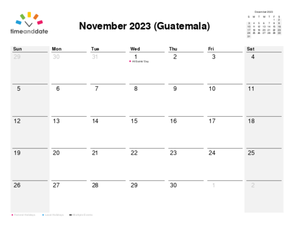 Calendar for 2023 in Guatemala