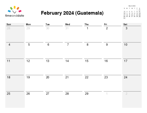 Calendar for 2024 in Guatemala