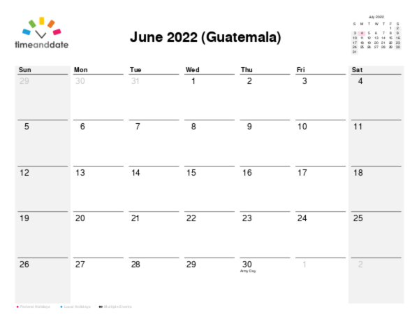 Calendar for 2022 in Guatemala