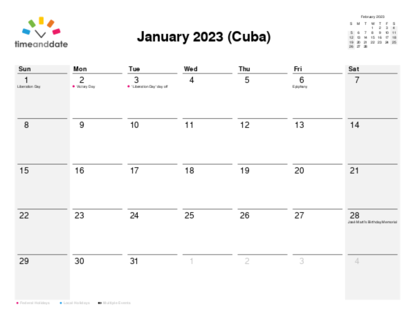 Calendar for 2023 in Cuba