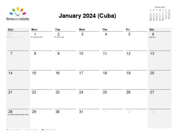 Calendar for 2024 in Cuba