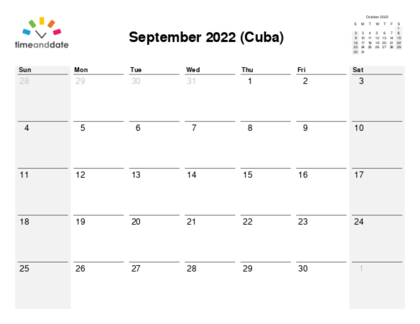Calendar for 2022 in Cuba