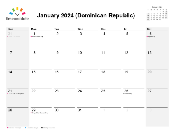 Calendar for 2024 in Dominican Republic