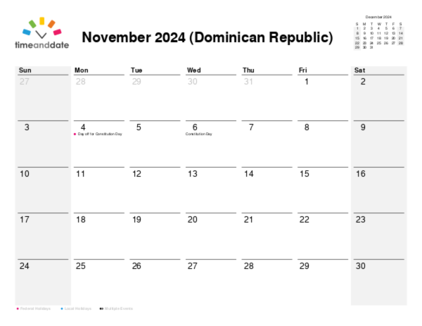 Calendar for 2024 in Dominican Republic