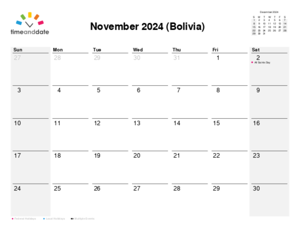 Calendar for 2024 in Bolivia