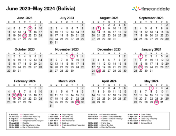 Calendar for 2023 in Bolivia