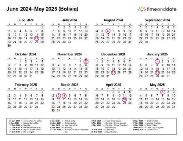 Calendar for 2024 in Bolivia