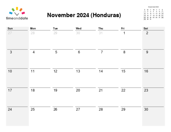 Calendar for 2024 in Honduras