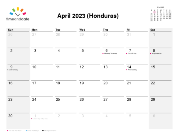 Calendar for 2023 in Honduras