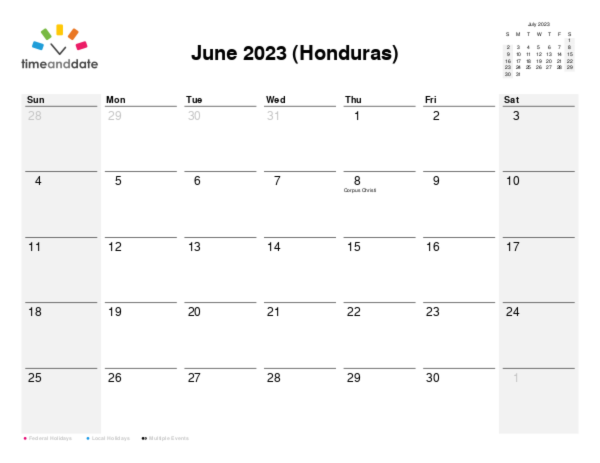 Calendar for 2023 in Honduras