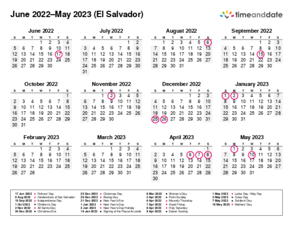 Calendar for 2022 in El Salvador