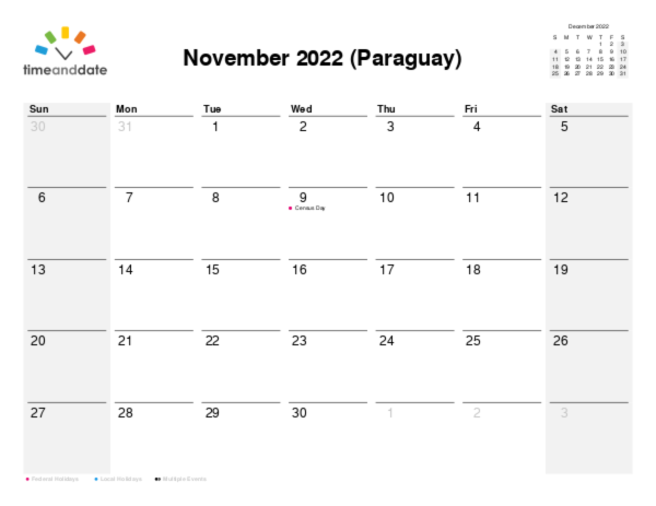 Calendar for 2022 in Paraguay