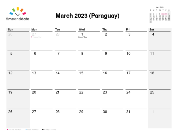Calendar for 2023 in Paraguay