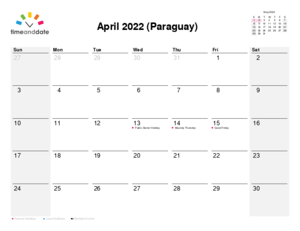 Calendar for 2022 in Paraguay