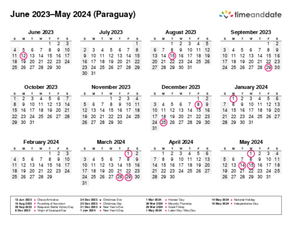 Calendar for 2023 in Paraguay