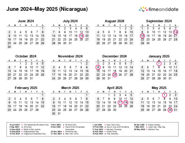 Calendar for 2024 in Nicaragua